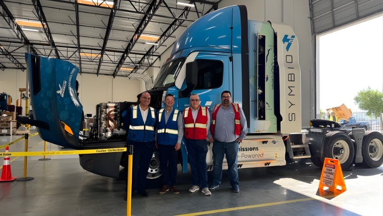 Symbio hydrogen fuel cell Class-8 truck displayed inside industrial facility