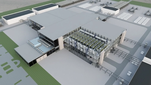Architectural render of a large industrial facility with open battery or fuel cell arrays in a central module