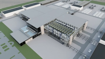 Architectural render of a large industrial facility with open battery or fuel cell arrays in a central module